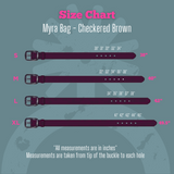Size chart for Myra Bag Checkered Brown belt with measurements in inches.