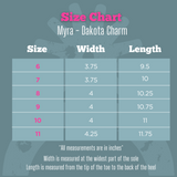 Size chart for Myra Dakota Charm shoes with measurements in inches.