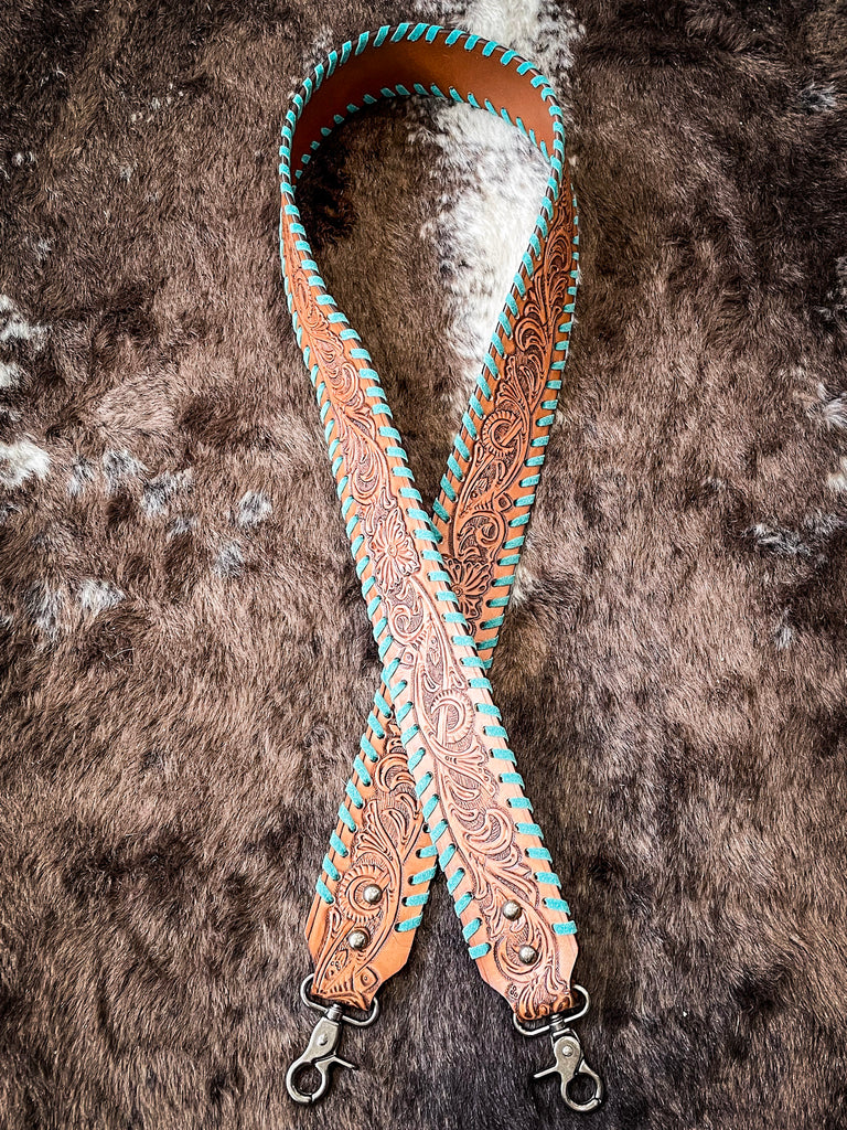 Tooled Leather Purse Strap (Turquoise & Flowers)  Purse strap, Leather  tooling, Leather tooling patterns