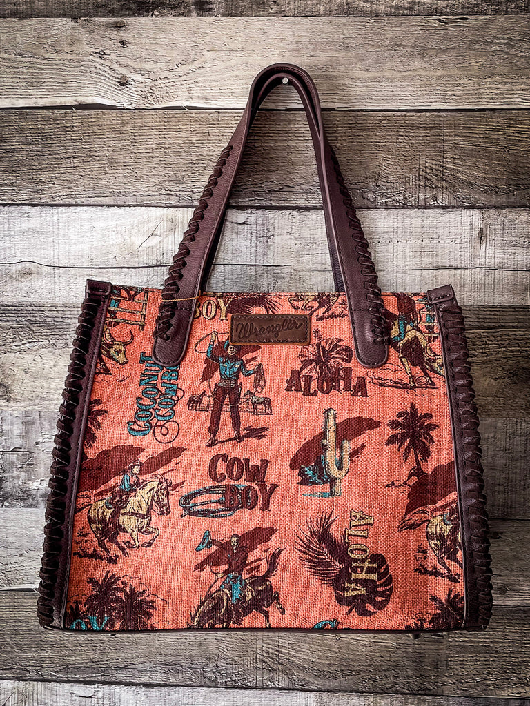 Wrangler Southwestern Pattern Dual Sided Print Canvas Wide Tote -Brown