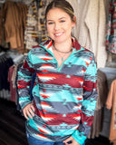 Texas Rain Fitted Pullover being styled and modeled on women in front of store setting.