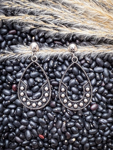 Pair of The Calico Drops earrings styled on black beans and wheat.