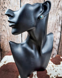 Sky and Stone Stud Fashion Earring Set on a mannequin, sitting on cowhide, wood back drop.