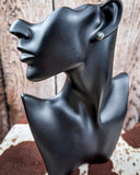 Sky and Stone Stud Fashion Earring Set on a mannequin, sitting on cowhide, wood back drop.