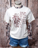 Sheer mesh top with vintage rodeo poster print displayed and styled on mannequin.