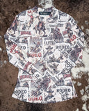 Sheer mesh top with vintage rodeo poster print displayed on hide.
