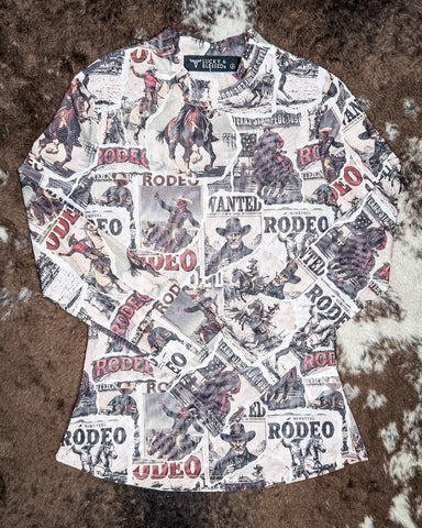Sheer mesh top with vintage rodeo poster print displayed on hide.