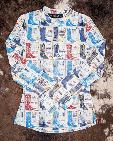 Boot Stamped Collage Mesh Top displayed on a cow hide background.