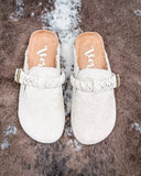 Iris Tooled Slip on Mule in Cream by Very G displayed on cowhide.