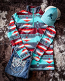 Texas Rain Fitted Pullover being styled and displayed on cowhide.