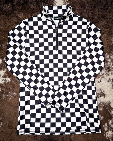 pullover on cowhide rug