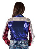 Back view of a model wearing the  Stars Stripes and Rodeo Nights Pullover in a white back drop.