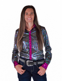 Model wearing the  Rodeo Voltage Pullover in a white back drop.