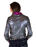 Back view of a model wearing the  Rodeo Voltage Pullover in a white back drop.