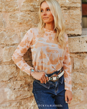 The Desert Burnout Mesh Top modeled and styled.