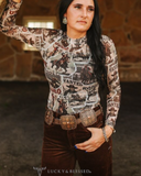 Sheer mesh top with vintage rodeo poster print being worn and styled.