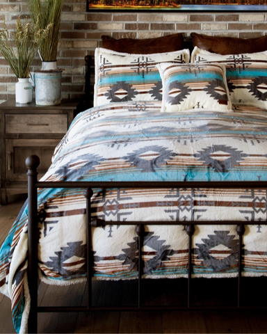 Wrangler Lone Mountain Plush Sherpa Comforter Set displayed in bedroom setting.