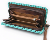 Turquoise and brown leather wallet with open design on a white background