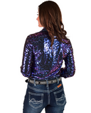 Woman wearing a shiny purple shirt and jeans on a white background