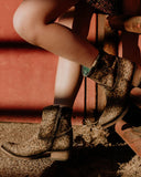 Close-up of leopard print boots worn by a person against a red wall.