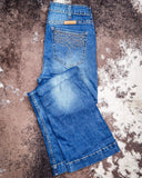 Cowgirl Tuff - Brown Western Boot Stitch High - Rise Trouser Jeans – Medium Wash with Faux Leather Detail - Apparel - Cowgirl Tuff Company - Bronco Western Supply Co.