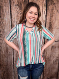 Dalia Mint and Coral Serape Print Short Sleeve V - Neck Top - Apparel - Lucky & Blessed - Bronco Western Supply Co.