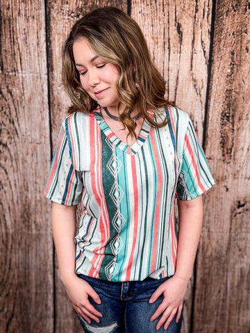 Dalia Mint and Coral Serape Print Short Sleeve V - Neck Top - Apparel - Lucky & Blessed - Bronco Western Supply Co.