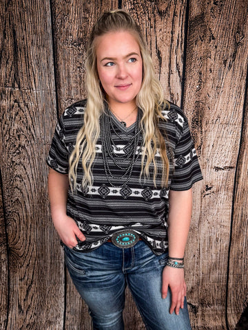 Krista Black Aztec Print Short Sleeve V - Neck Top - Apparel - Lucky & Blessed - Bronco Western Supply Co.