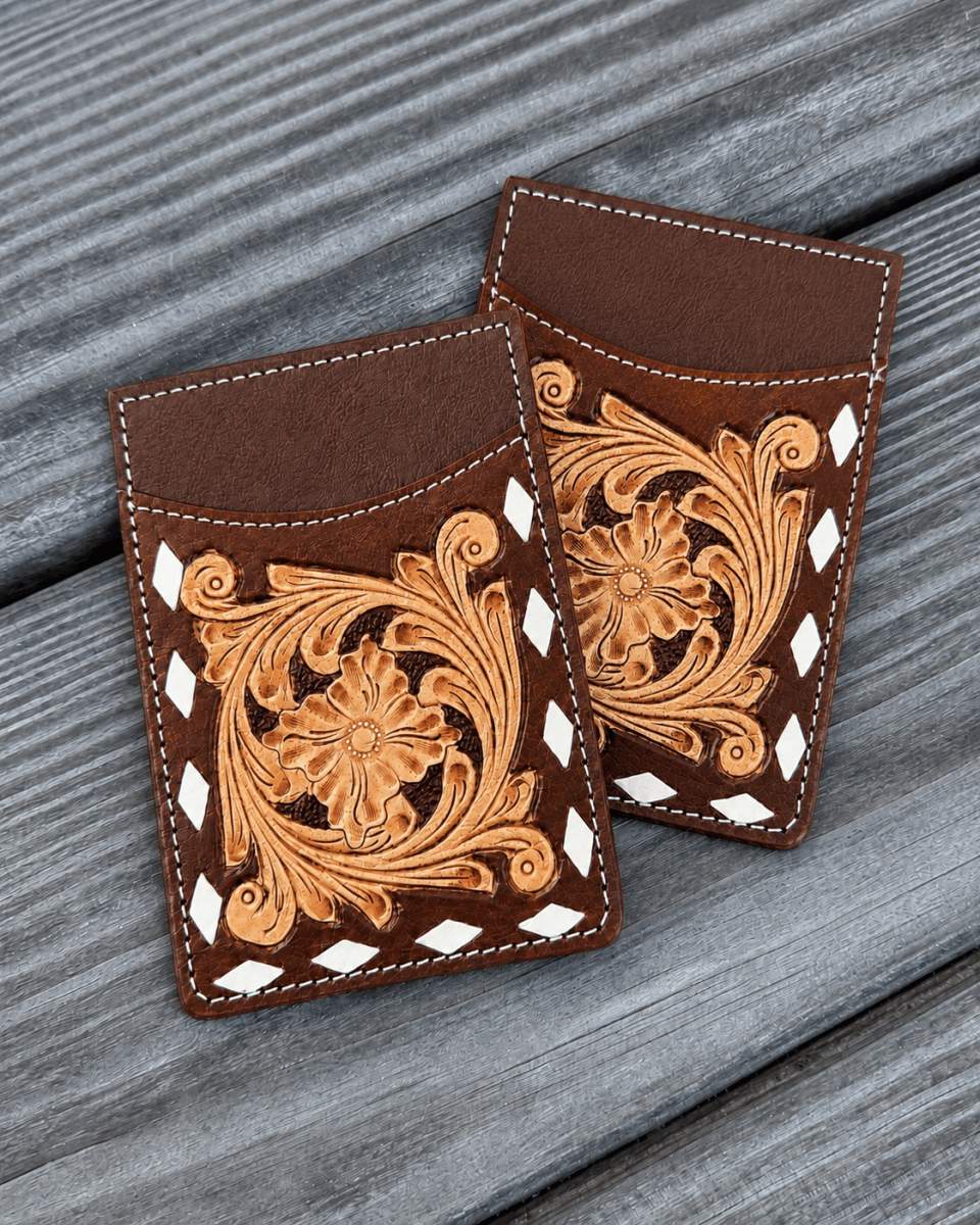 Maren Tooled Leather Card Holder in Brown by Countryside Co