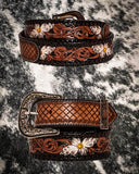 Myra Bag - Checkered Brown Hand Tooled Leather Belt - Western Belt - Bronco Western Supply Co.