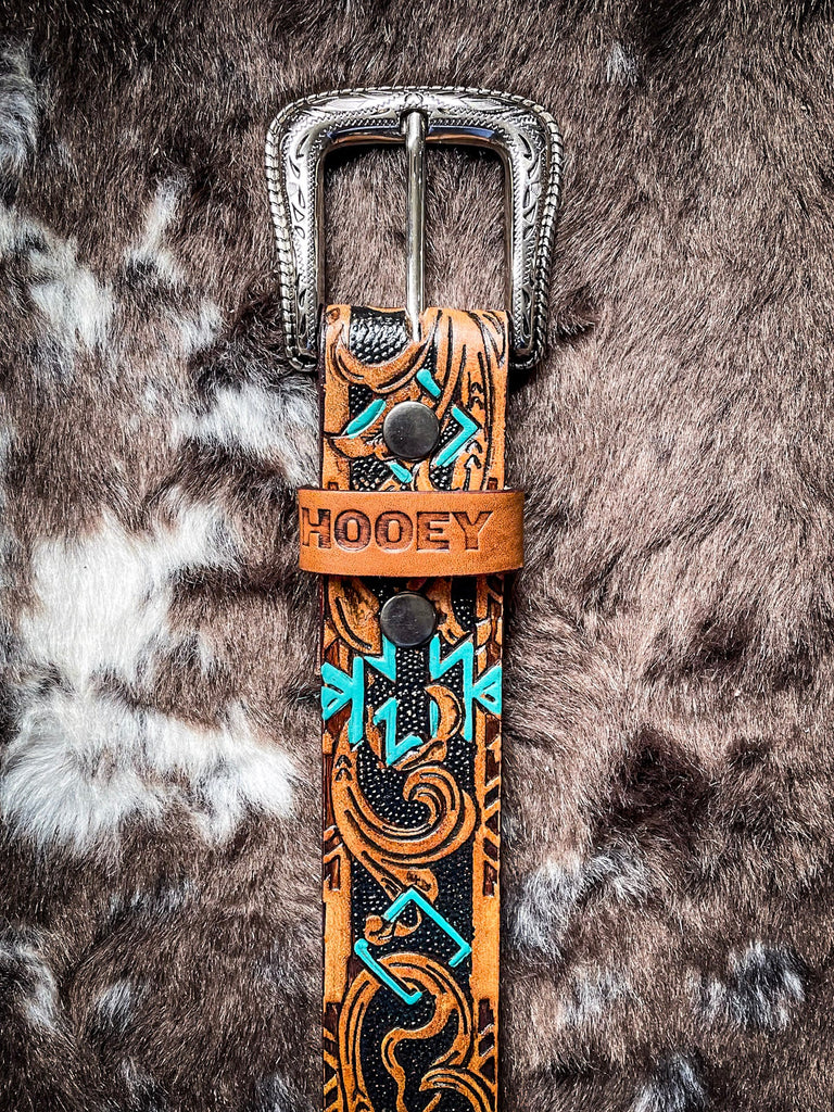 Sundown Tan/Rust Aztec Filigree Embossed Hooey Belt Sundown Tan/Rust Aztec Filigree Embossed Hooey Belt