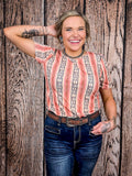 Sunset Revival Aztec Top – Coral Bubble Sleeve Tee - Apparel - Lucky & Blessed - Bronco Western Supply Co.
