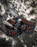 Myra Bag - Turquoise Hand Tooled Leather Belt - Western Belt - Bronco Western Supply Co.
