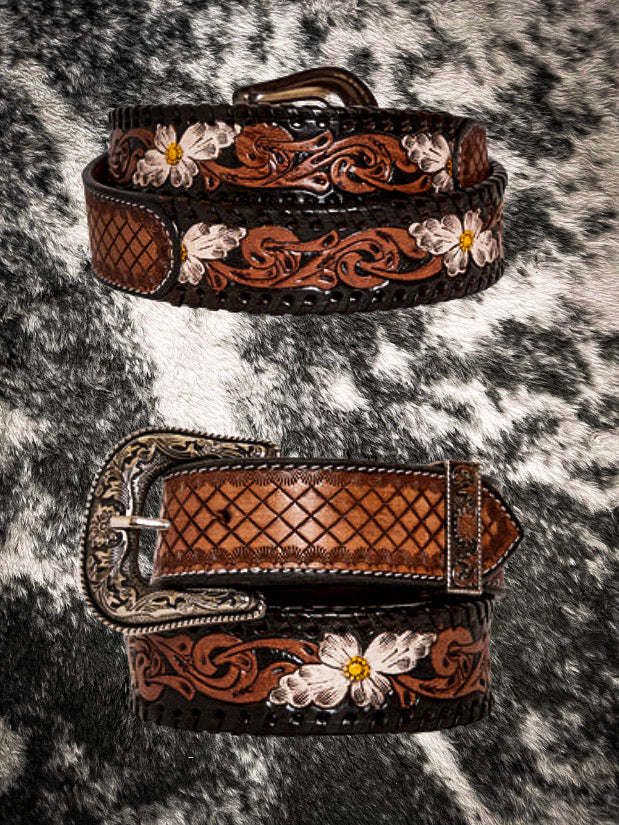 Leather Custom Tooled Dark Leather Belt
