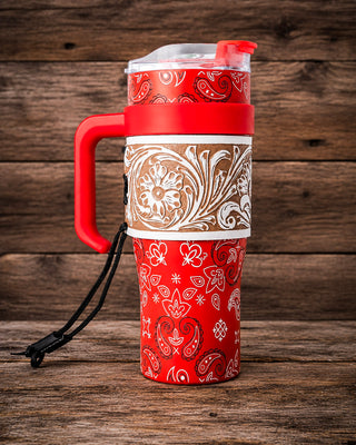 Wide Wyoming Red Bandana Tooled Leather Tumbler by Myra Bag