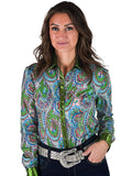 Front view of paisley button-up with green metallic accents, worn by model.
