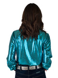 Woman wearing a turquoise metallic long sleeve zip top with rust accents