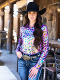Woman wearing a purple foil leopard print long sleeve button up shirt with multicolor accents