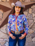 Front view of the Twilight Tessa Pullover Button-Up - blue with rust foil accents.