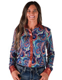 Front view of Blue, Rust, and red paisley pullover with rust collar and partial button-up front.