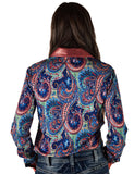 Back view showing full paisley print in blue, rust, and red tones on lightweight jersey fabric.