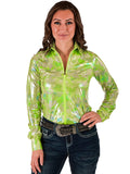 Woman wearing a neon green metallic long sleeve zip top with a subtle pattern texture