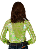 Woman wearing a neon green metallic long sleeve zip top with a subtle pattern texture