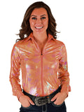 Woman wearing an orange metallic long sleeve quarter zip shirt with subtle pattern texture