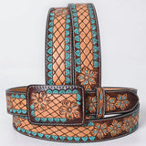 Decorative leather belt with floral patterns on a light gray background