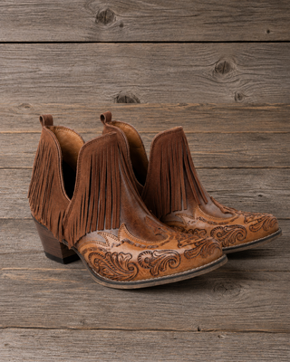 Wild Ember Fringed Handtooled Leather Booties in Golden Rust by Myra Bag