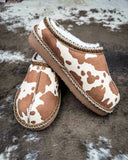 Very G cow print slippers with cozy faux fur lining and non-slip sole, western-inspired women’s casual indoor outdoor footwear