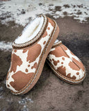 Very G cow print slippers with cozy faux fur lining and non-slip sole, western-inspired women’s casual indoor outdoor footwear