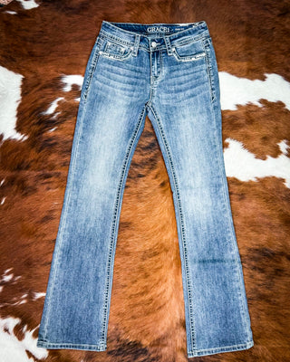 Ivory Patchwork Bootcut Jeans in Medium Dark Wash by Grace in LA