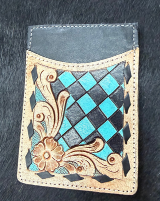 Hadley Checkered Leather Card Holder in Turquoise by Countryside Co.